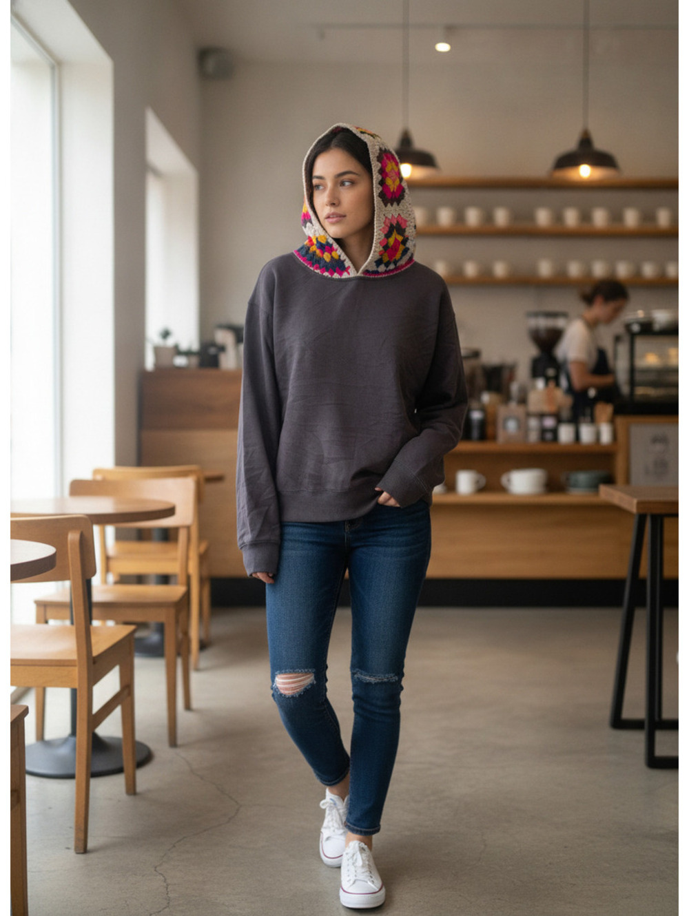 natural life S/M Gray Sweatshirt with Colorful Crochet Hood